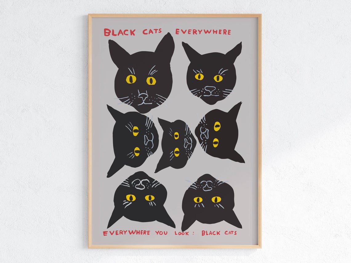 David Shrigley Black Cats Everywhere Yellow Eyed Cat Faces Poster