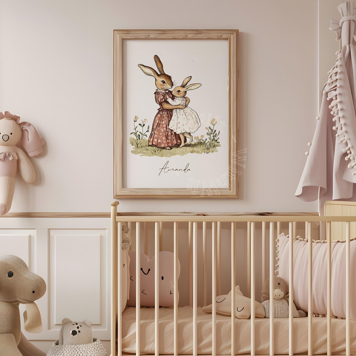 Vintage Bunny Mother and Child Custom Name Nursery Wall Print - Image 2