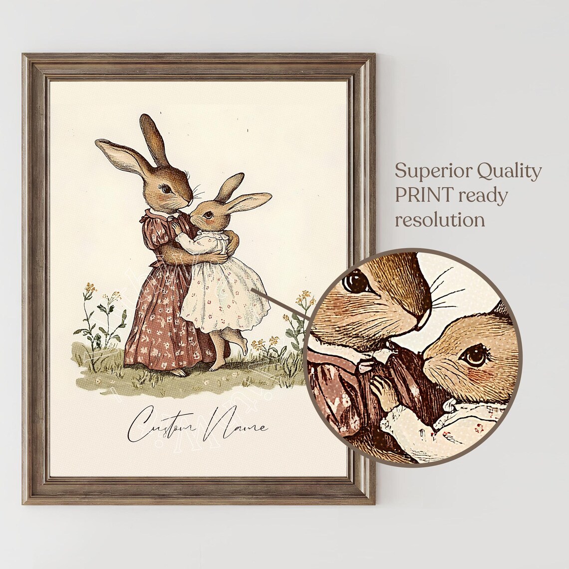 Vintage Bunny Mother and Child Custom Name Nursery Wall Print - Image 3