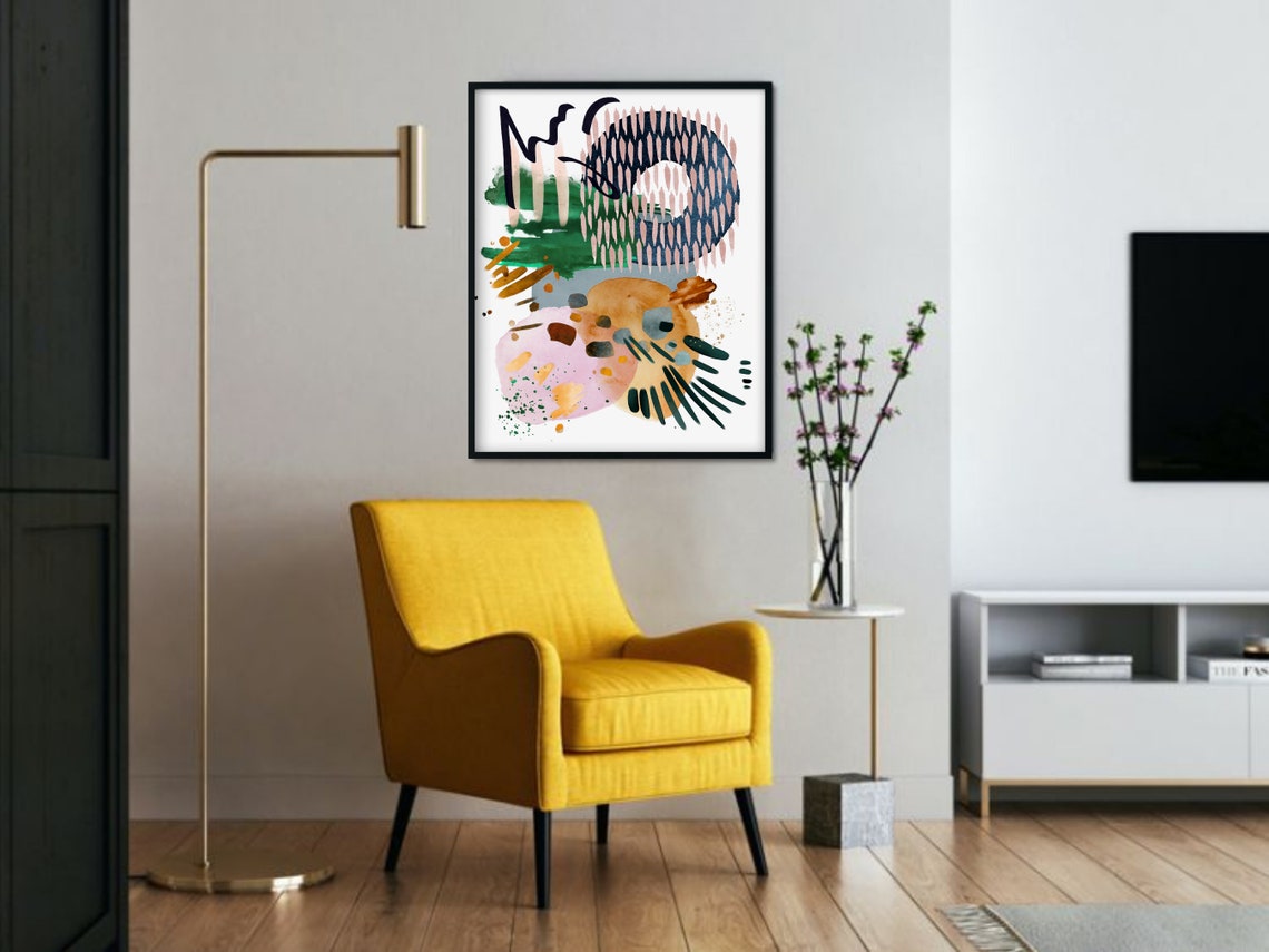 Green Navy Blush Pink Bold Abstract Watercolor Modern Art Poster - Image 4