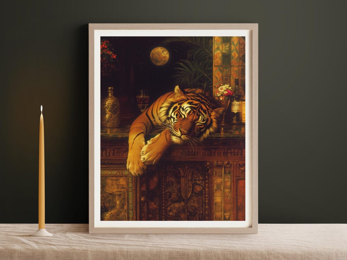 Vintage Style Sleeping Tiger Fine Art Print Moody Bar Decor Tiger Wall Art Moon Wall Art