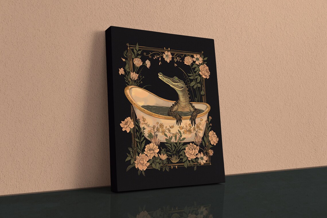 Art Nouveau Crocodile Bath Art Print, Whimsical Decor
