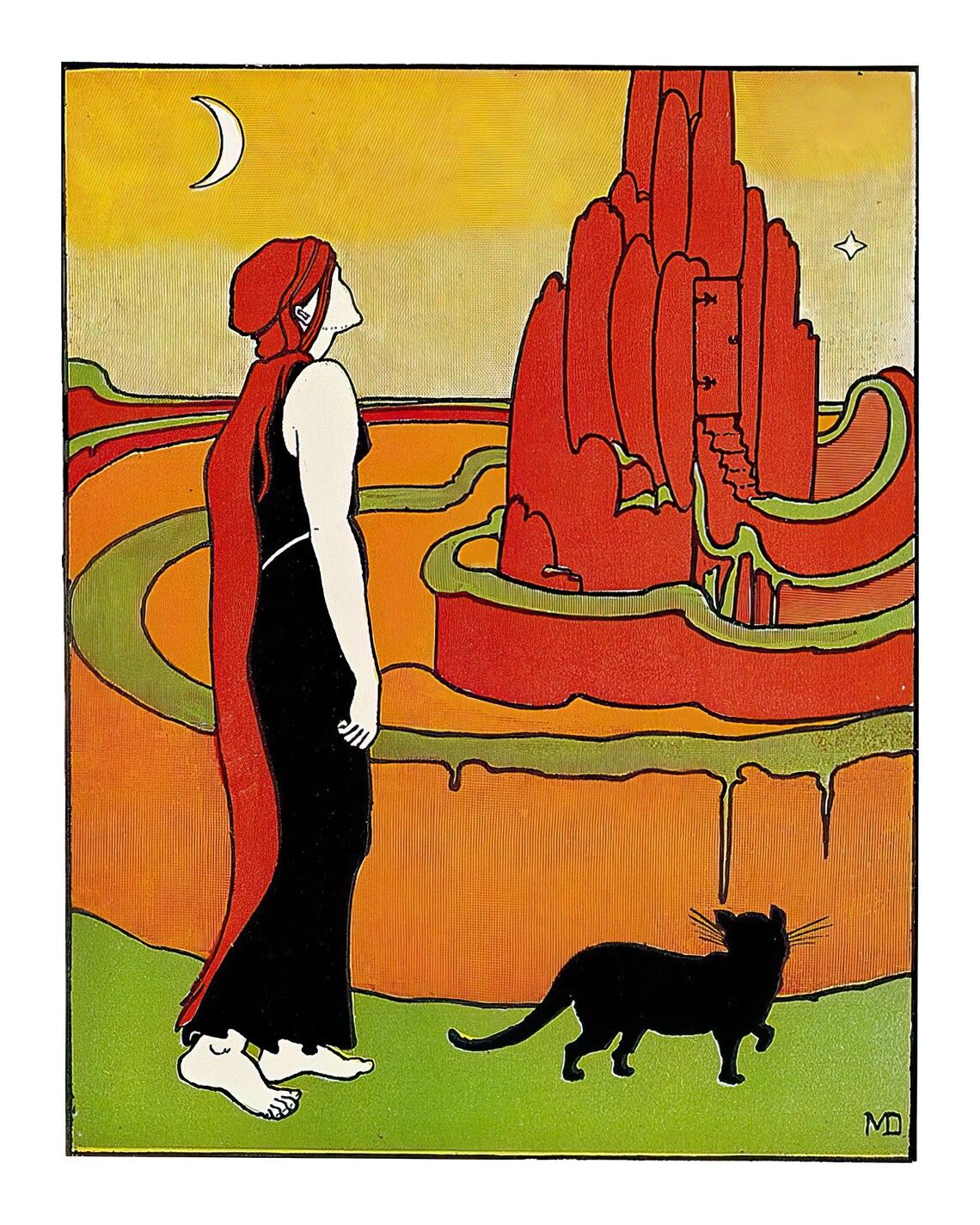 Vintage Woman and Black Cat Under the Moon Art Print - Image 2