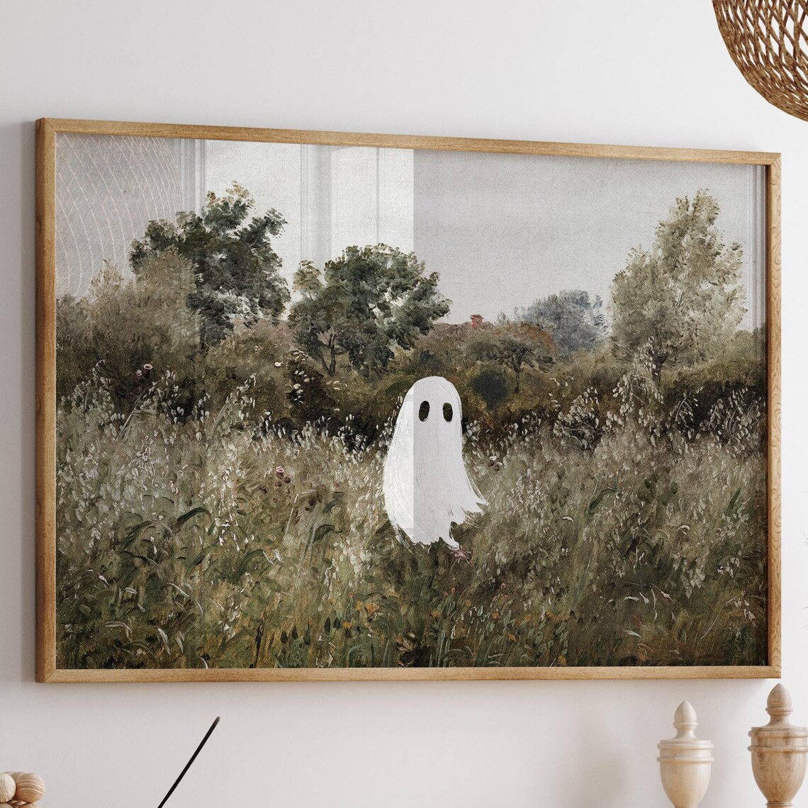 Cute Ghost In Wildflower Meadow Vintage Halloween Decor Art Print
