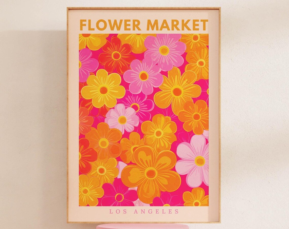 Flower Market Pink Orange Retro Floral Art Print