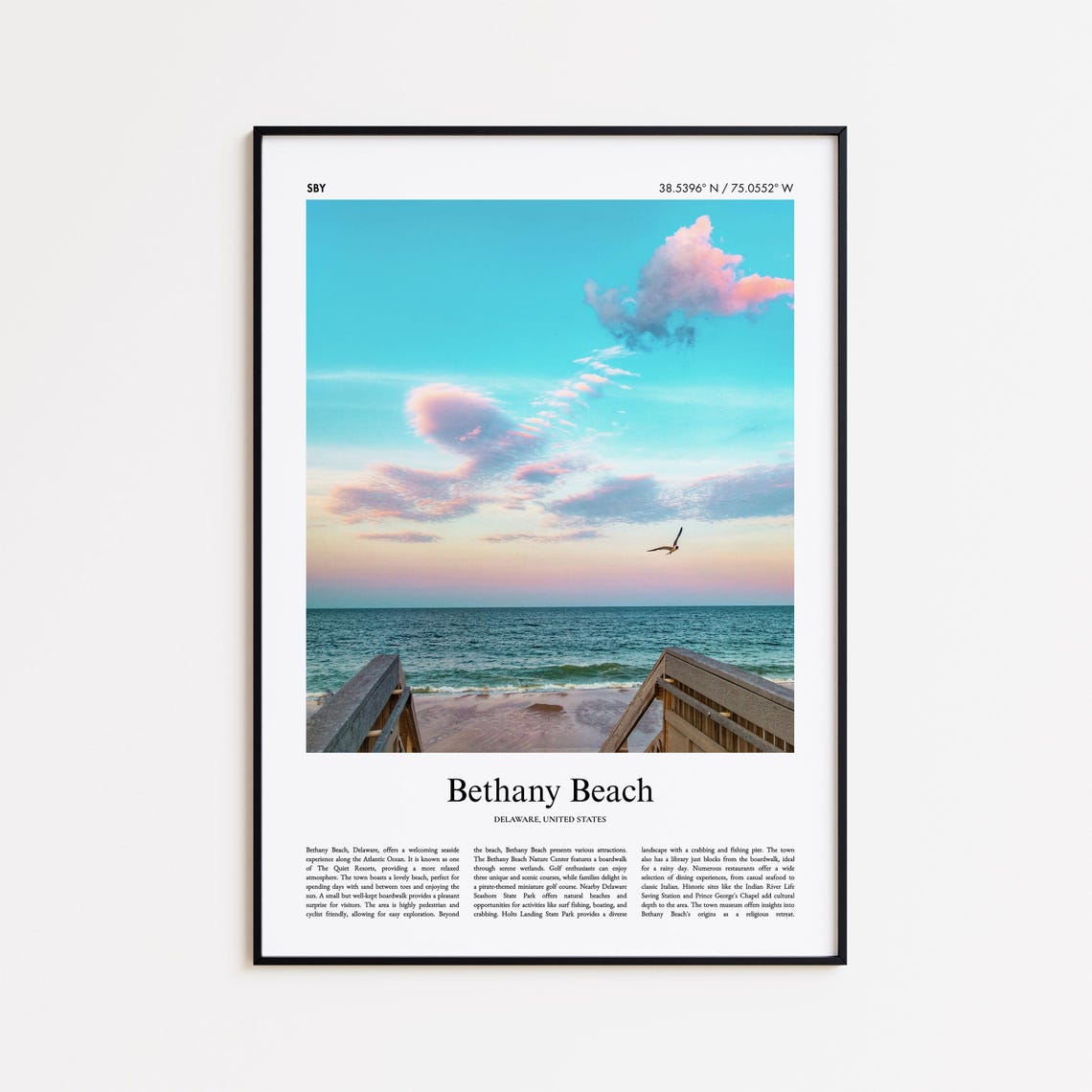 Bethany Beach Delaware Ocean Boardwalk Sunset Minimal Travel Poster
