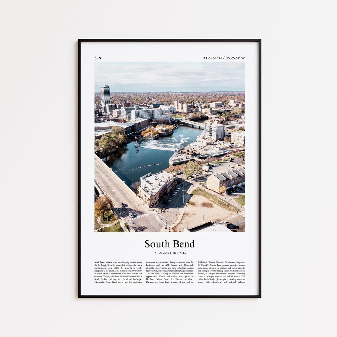South Bend Indiana River Downtown Aerial Travel Photo Poster
