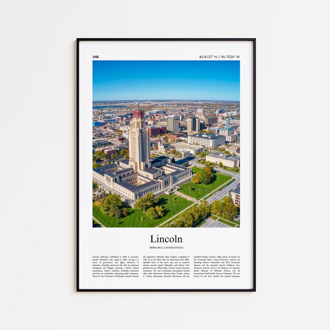 Lincoln Nebraska State Capitol Aerial Downtown Skyline Travel Poster