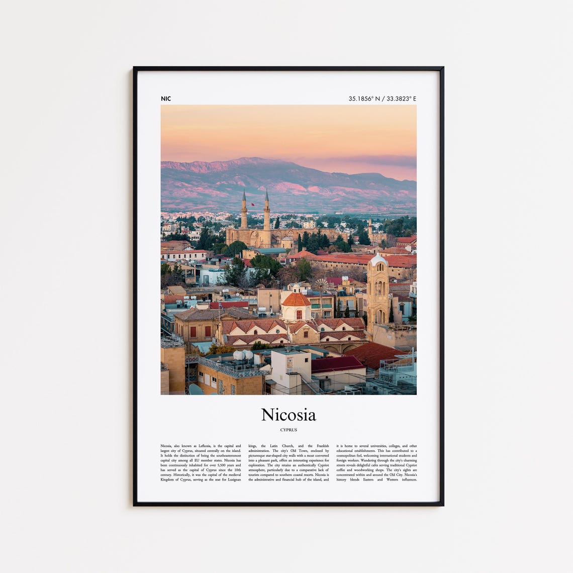Nicosia Cyprus Old Town Mosque Mountains Sunset Color Photo Poster