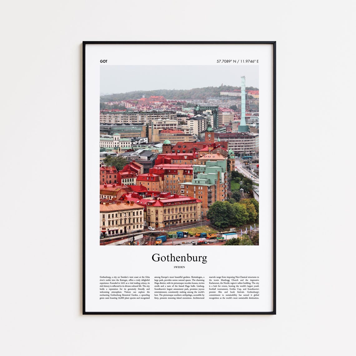 Gothenburg Sweden Aerial Red Rooftop Cityscape Modern Travel Poster