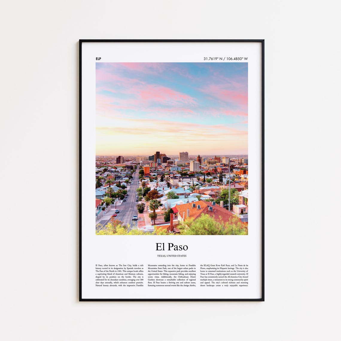 El Paso Texas Sunset Cityscape Desert Skyline Minimal Travel Poster