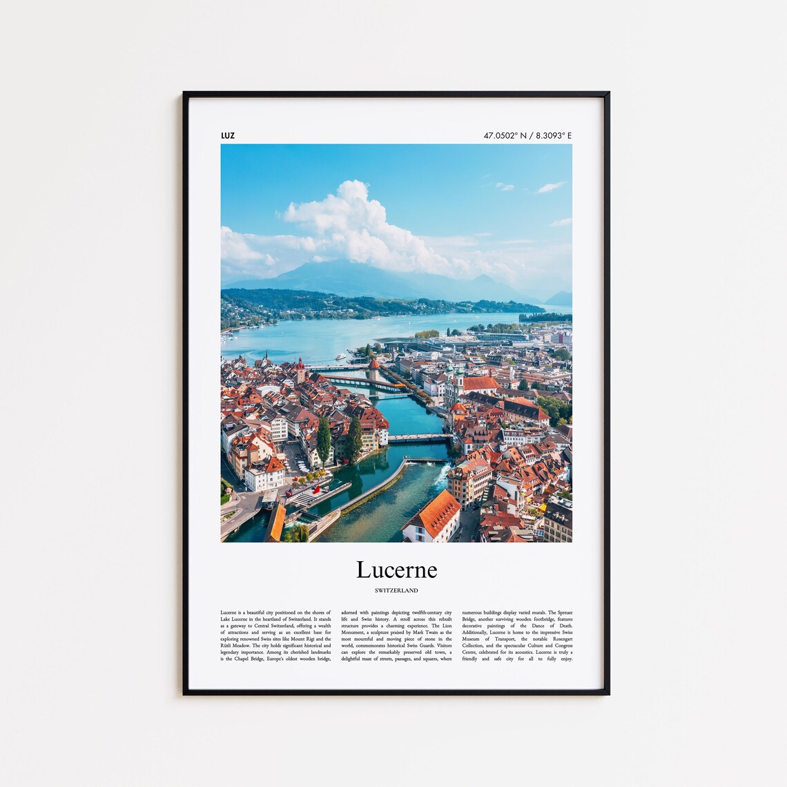 Lucerne Switzerland Old Town Lake Aerial Real Photo Travel Poster