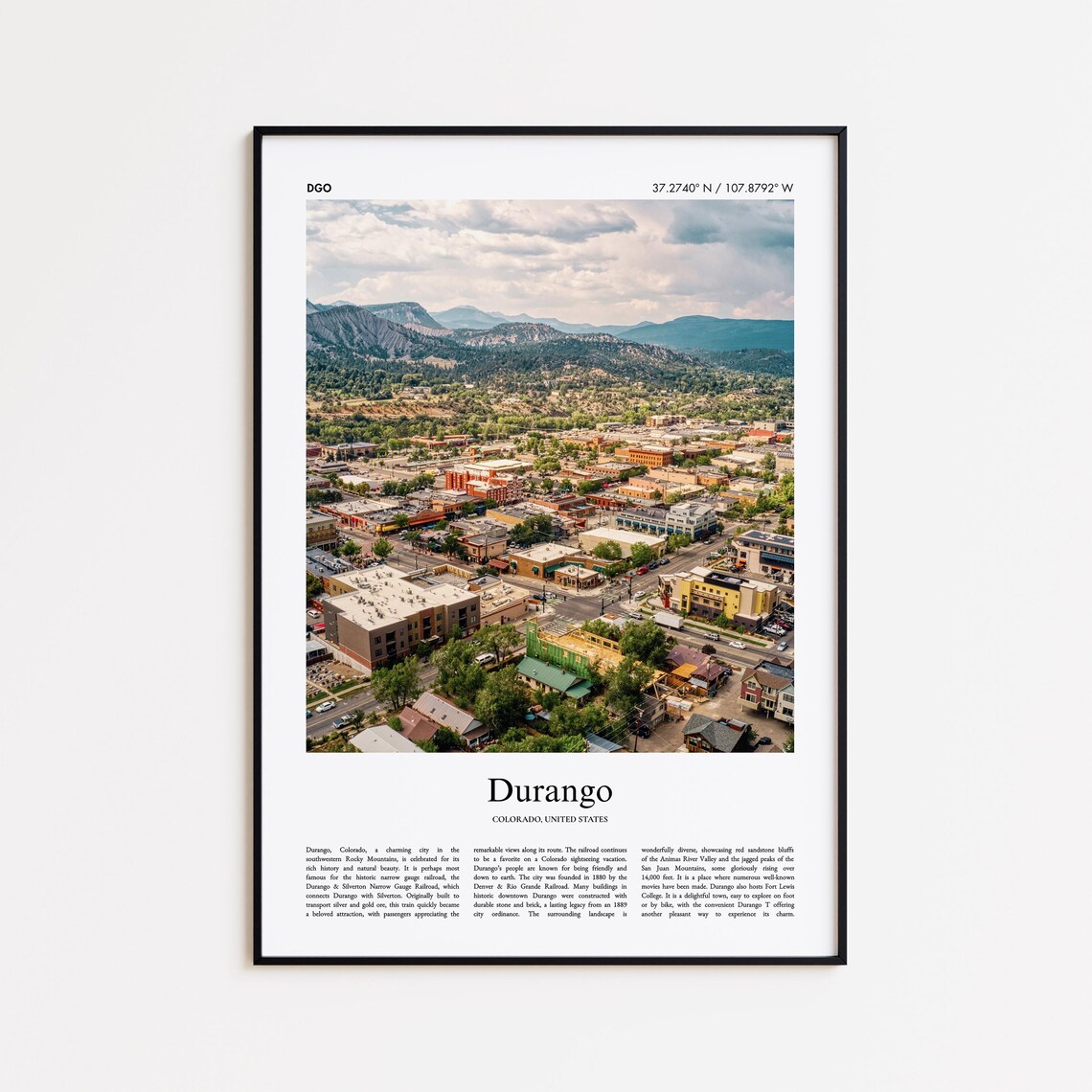Durango Colorado Rocky Mountain Town Aerial Photo Travel Poster