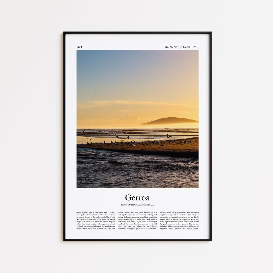 Gerroa Australia Sunset Beach Seagulls Travel Photography Poster