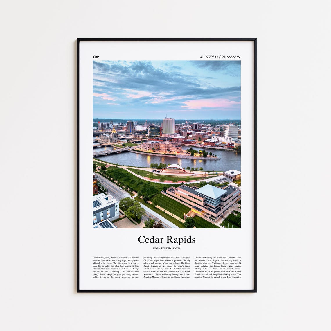 Cedar Rapids Iowa Downtown River Dusk Aerial Minimalist Travel Poster