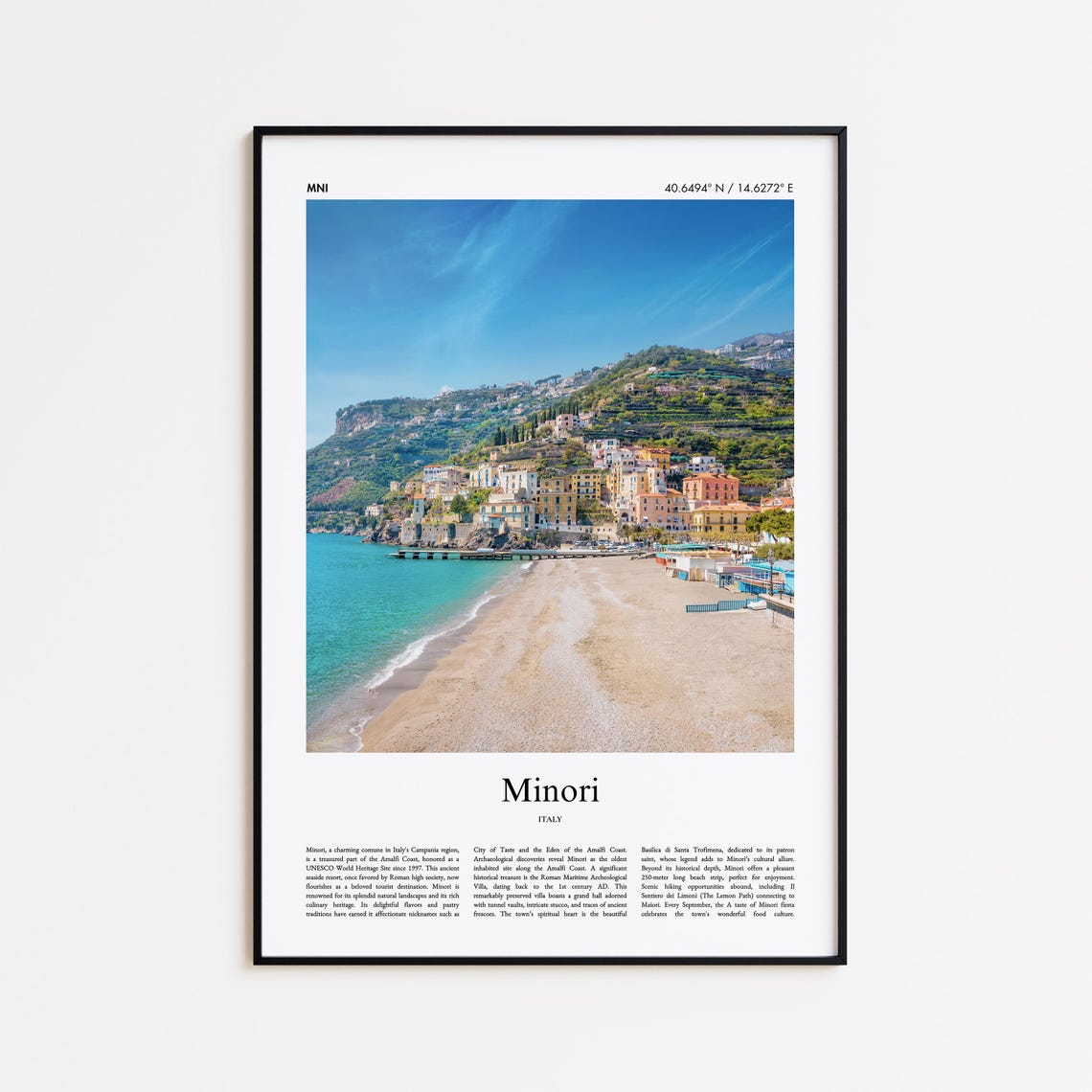 Minori Italy Color Photo Amalfi Beach Travel Poster with Coordinates