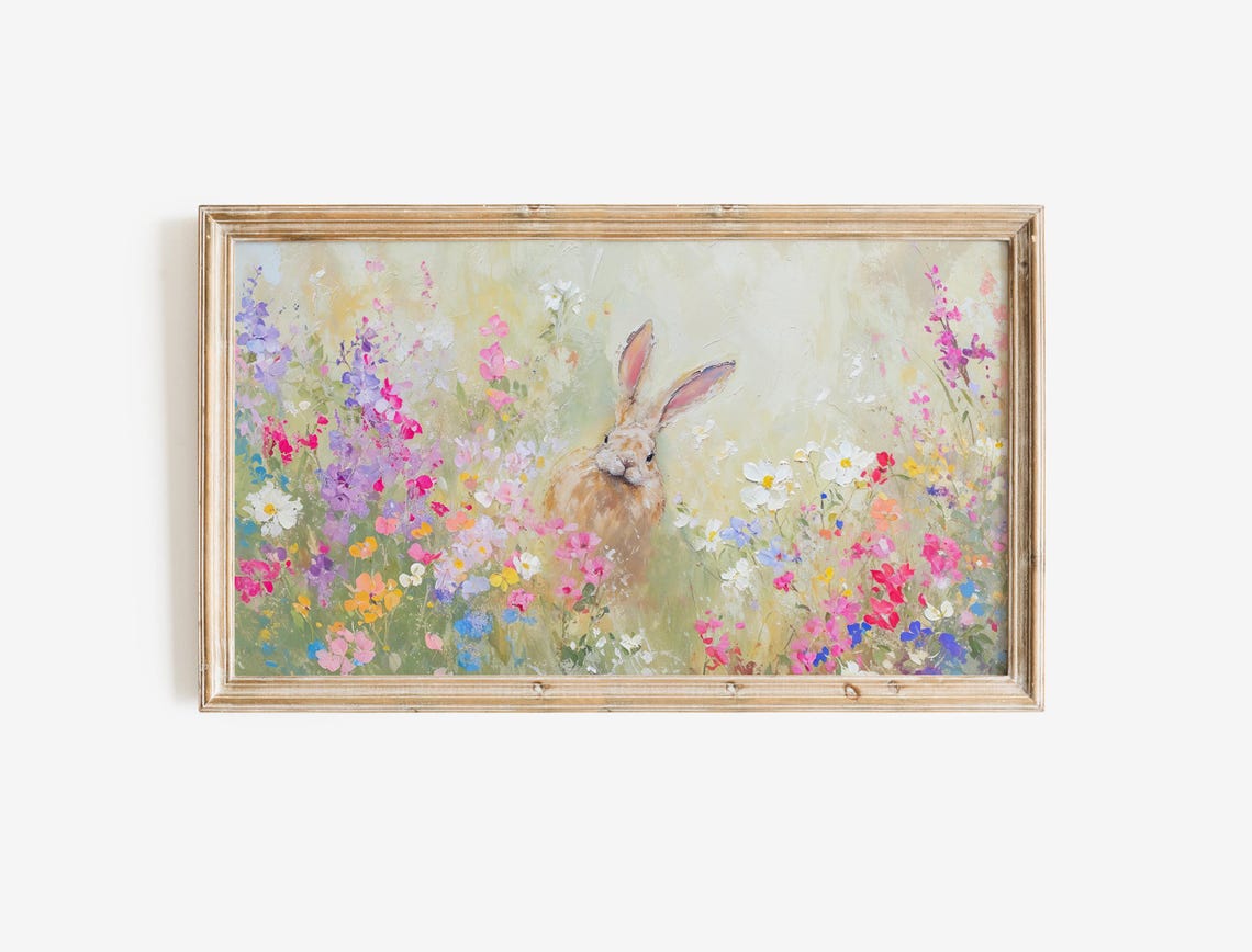 Spring Bunny in Pastel Wildflower Meadow Textured Rabbit Print - Image 2