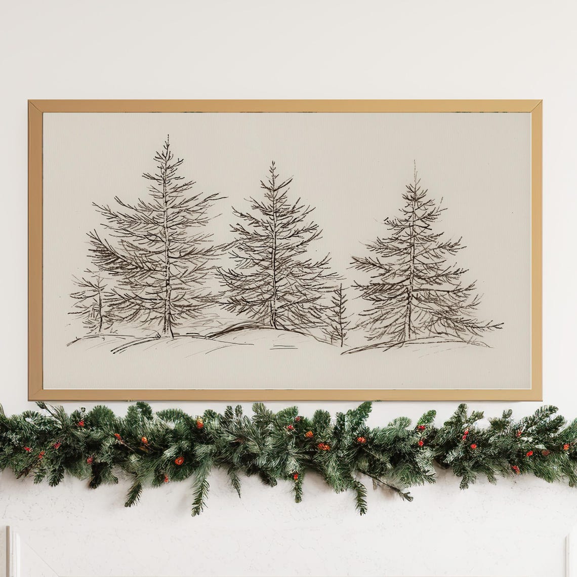 Minimalist Evergreen Pine Tree Winter Sketch Neutral Art Poster - Image 3