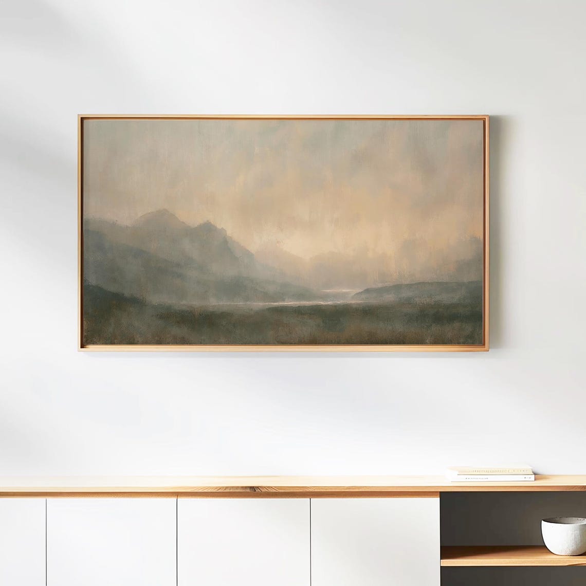 Misty Mountain Valley Neutral Tonal Atmospheric Landscape Wall Art - Image 2