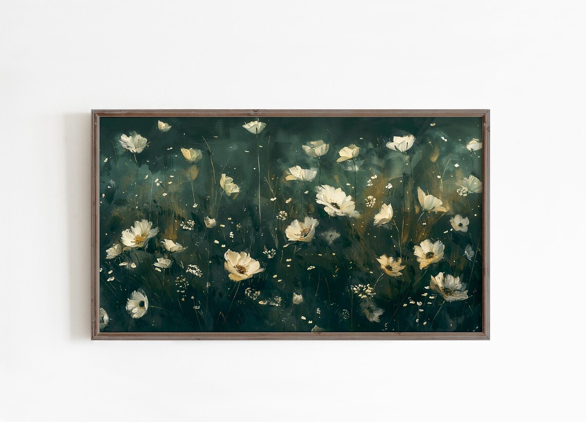 White Cosmos Wildflowers Dark Green Meadow Night Floral Poster