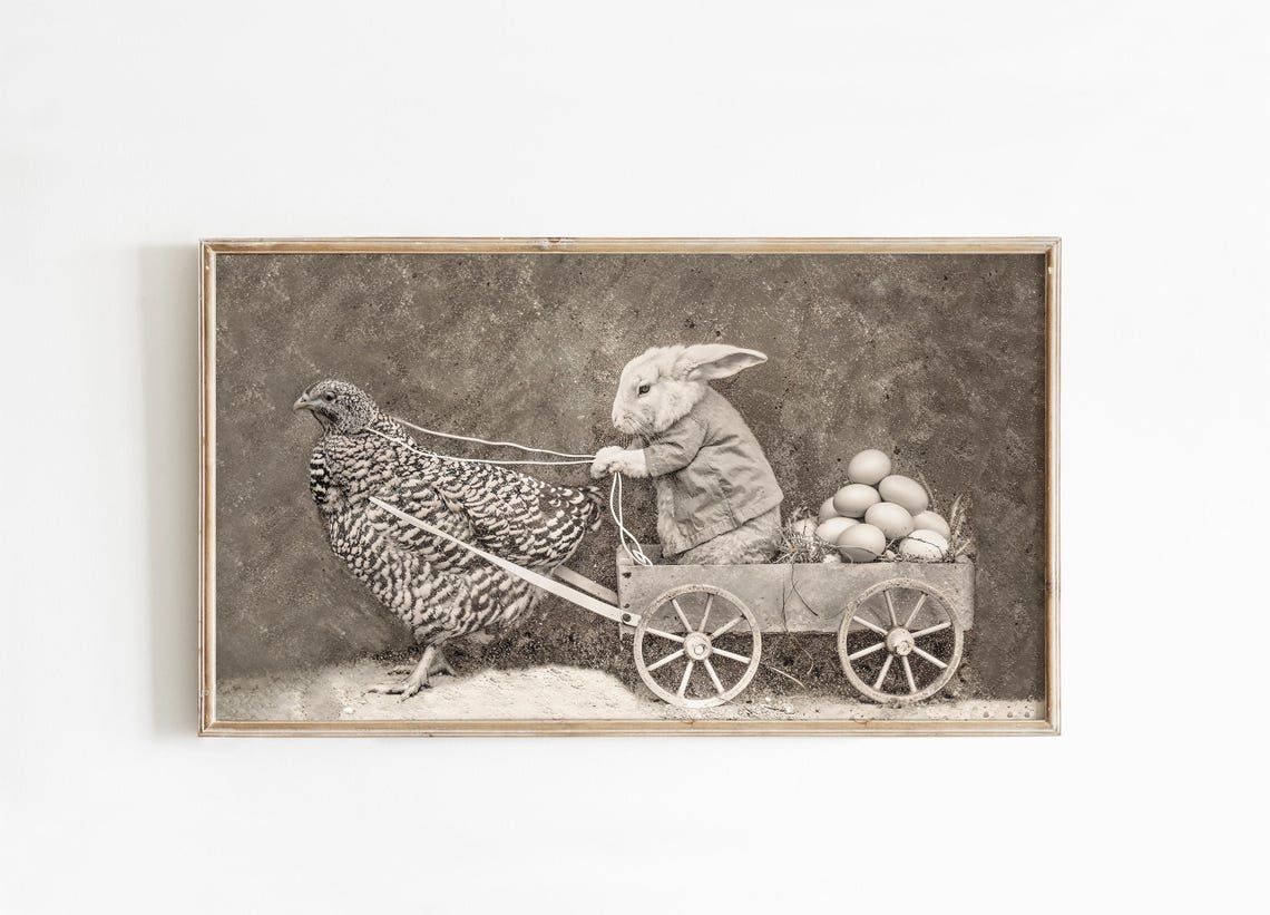 Rabbit Cart Pulled by Hen with Eggs Sepia Whimsical Vintage Wall Art - Image 4