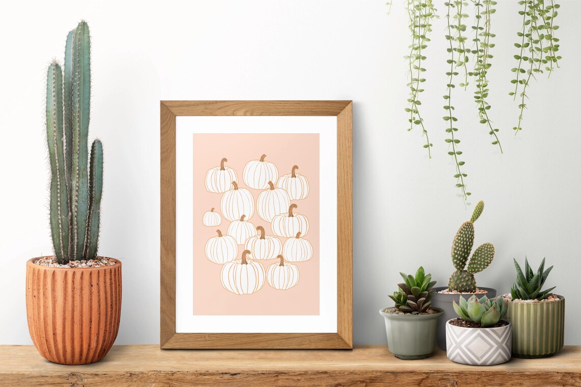 White Pumpkins Line Art On Blush Pink Fall Autumn Season Print - Image 2