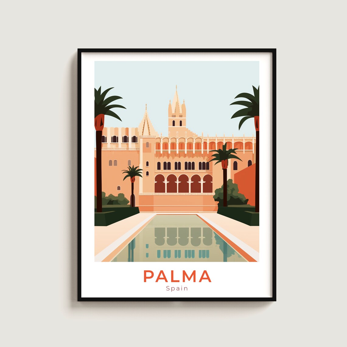 Palma Spain Royal Palace Reflecting Pool Palm Trees Travel Poster