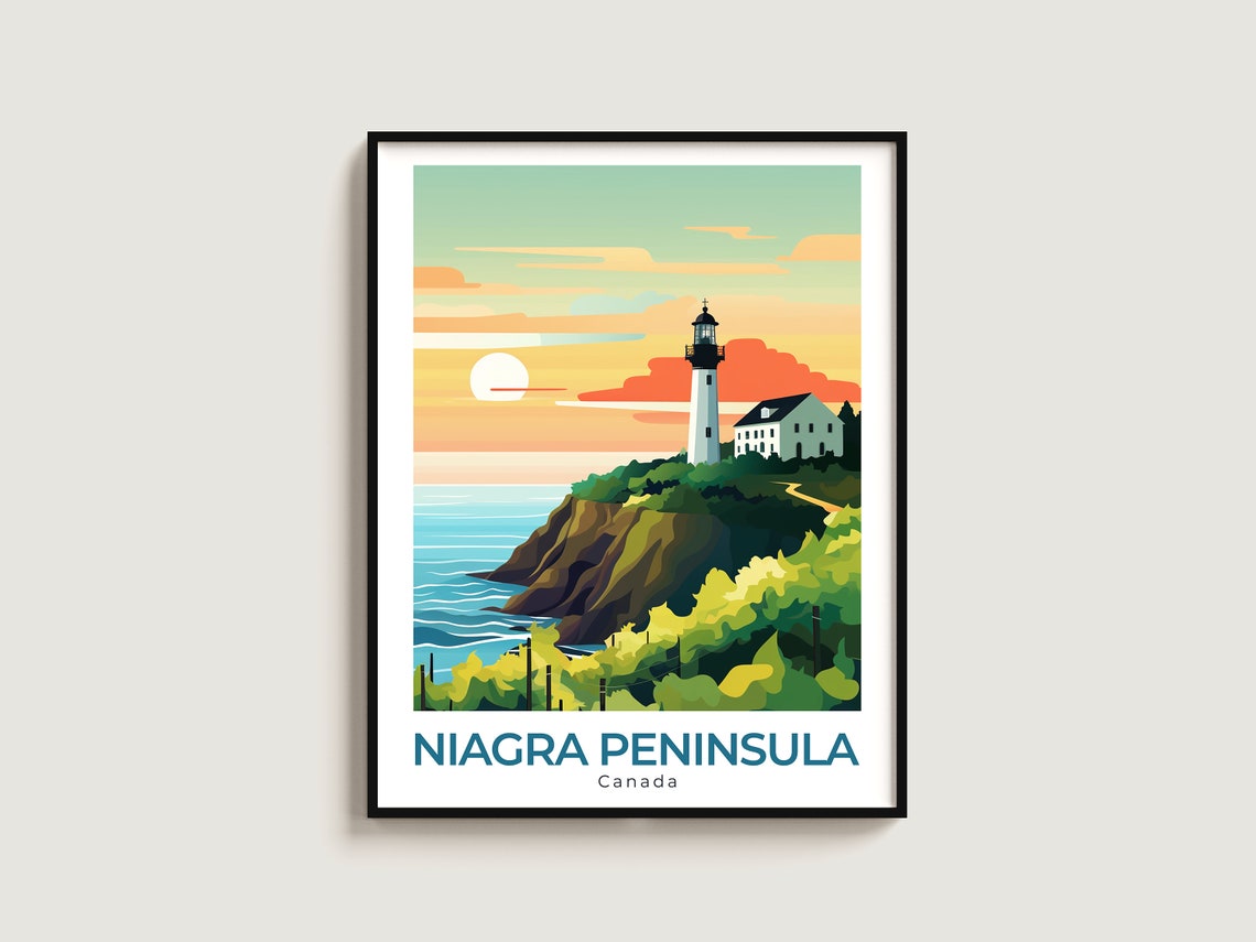 Niagra Peninsula Canada Travel Poster Lighthouse Sunset Coast Scene