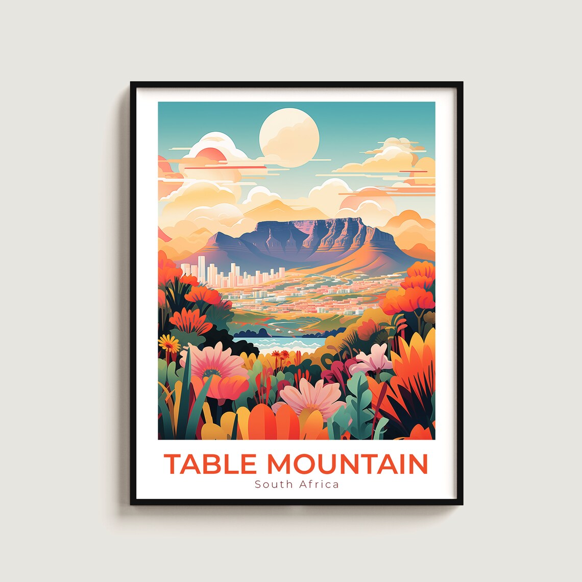 Table Mountain South Africa Cape Town Floral City Travel Poster