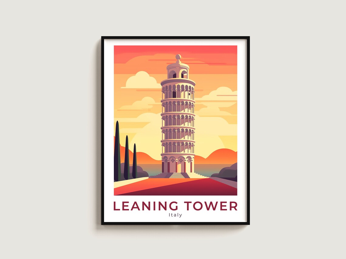 Leaning Tower of Pisa Italy Sunset Tilted Belfry Vintage Travel Poster