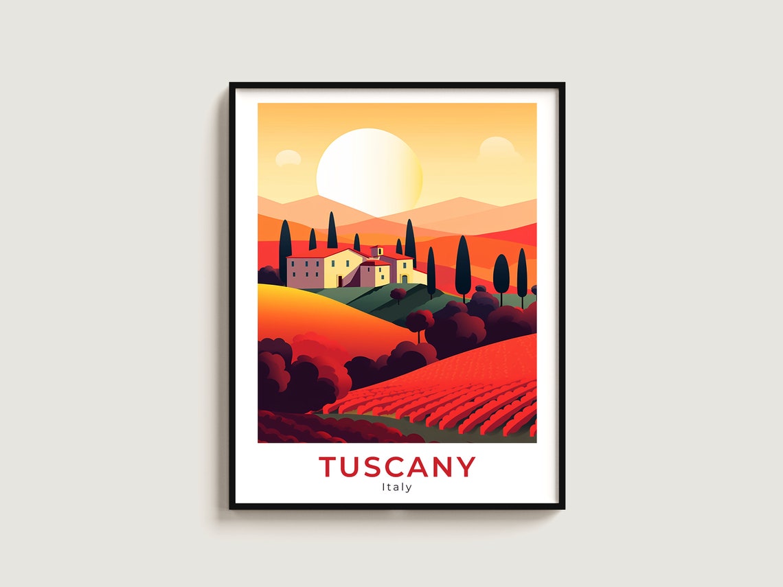 Tuscany Italy Golden Sunset Villa Cypress Vineyard Travel Poster