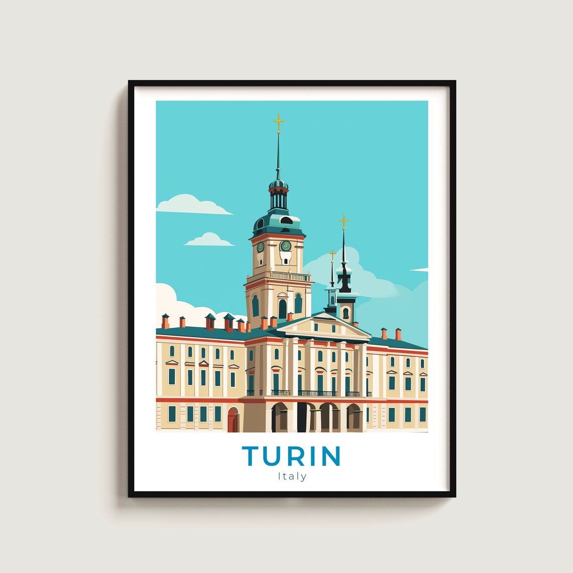 Turin Italy Historic Palace Square Twin Spires Landmark Travel Poster