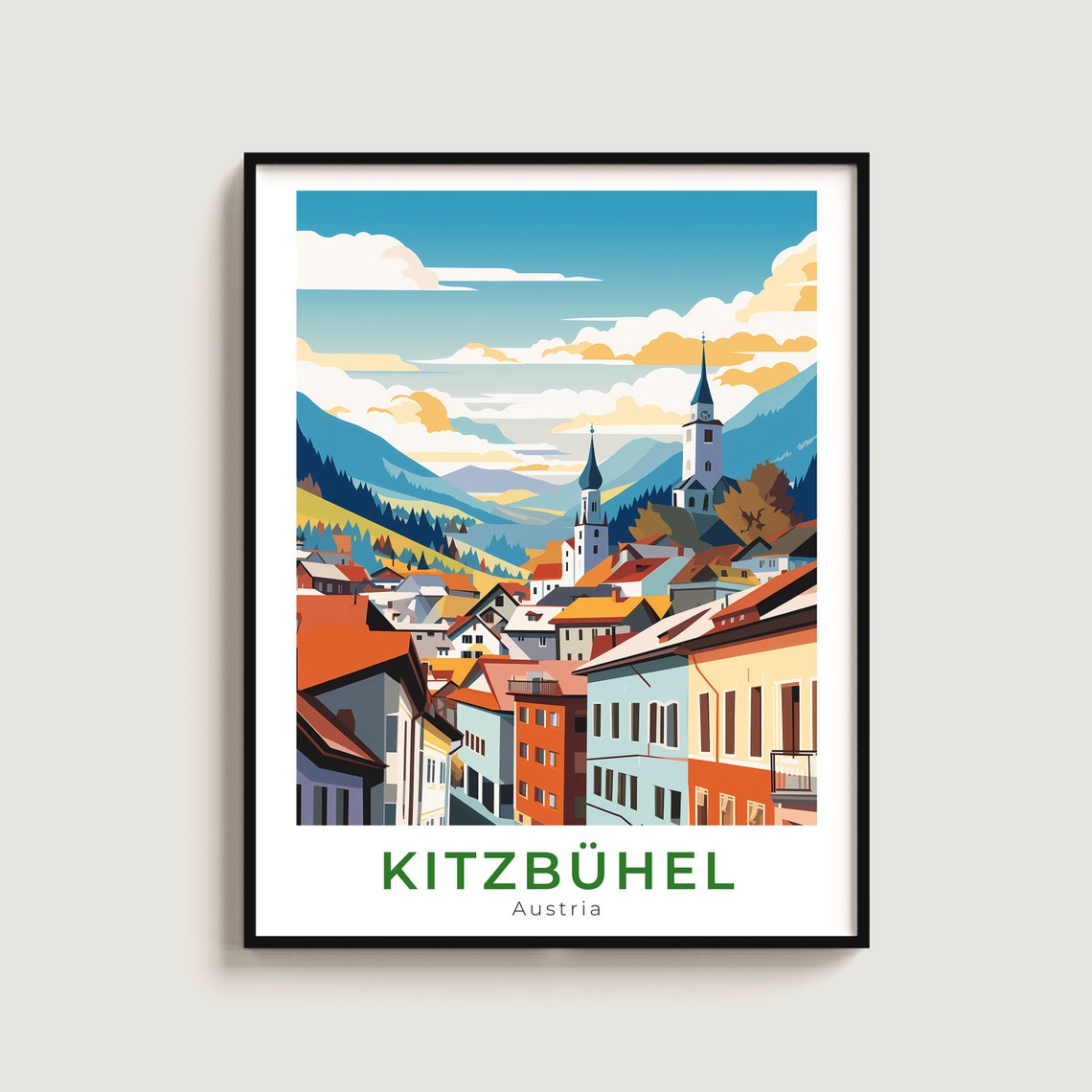 Kitzbuhel Austria Alpine Old Town Peaks Vintage Travel Poster