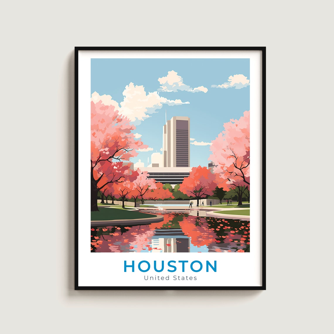 Houston Texas Pink Blossom Trees Reflecting Pool Park Travel Poster