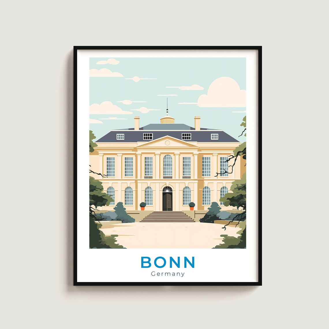 Bonn Historic Mansion Palace Facade Gardens Illustrated Travel Poster