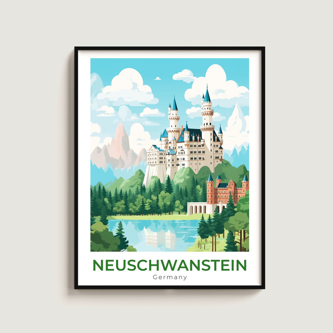 Neuschwanstein Germany Castle Lake Reflection Alpine Travel Poster