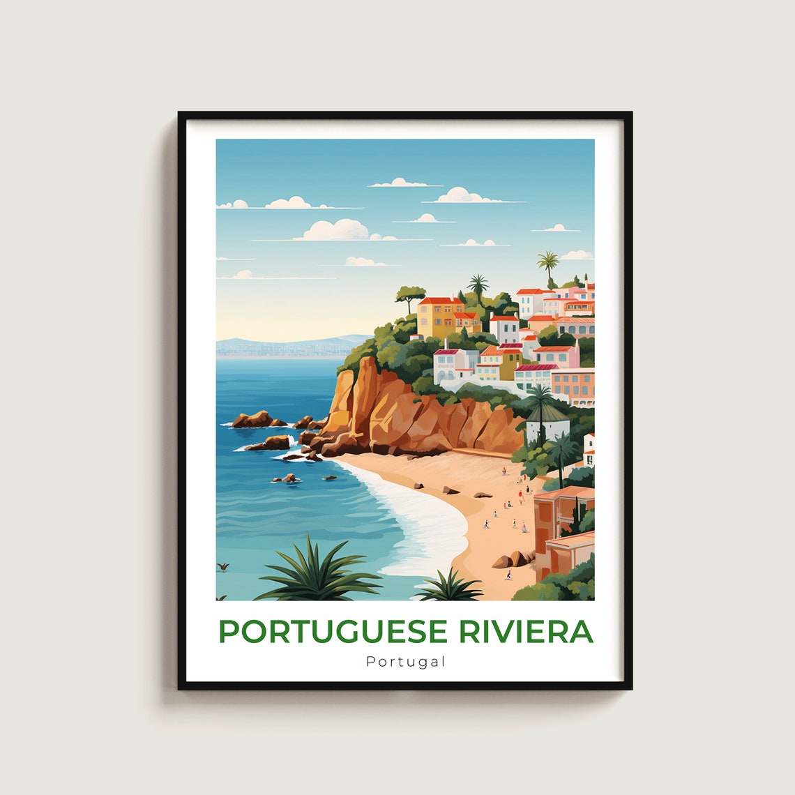 Portuguese Riviera Beach Cliffs Town Coast Vintage Travel Poster