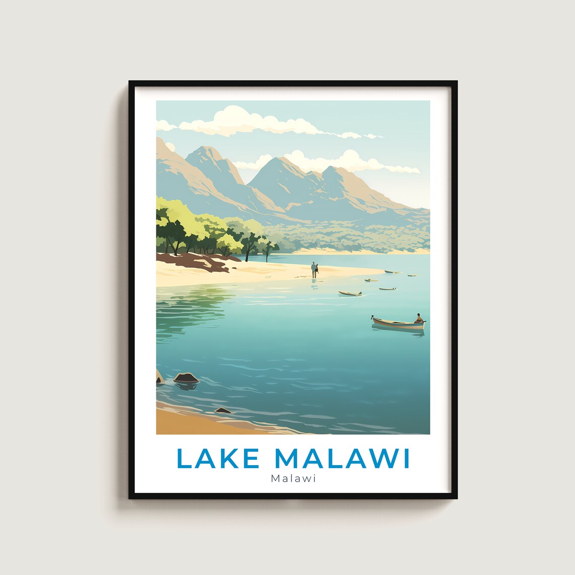 Lake Malawi Africa Serene Lakeshore Boats Mountain Travel Poster