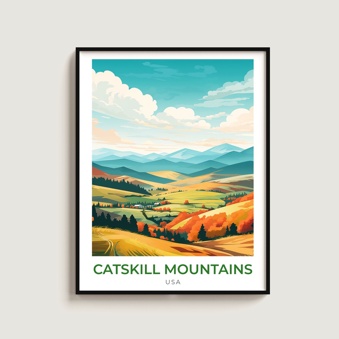 Catskill Mountains New York Autumn Foliage Rolling Hills Travel Poster