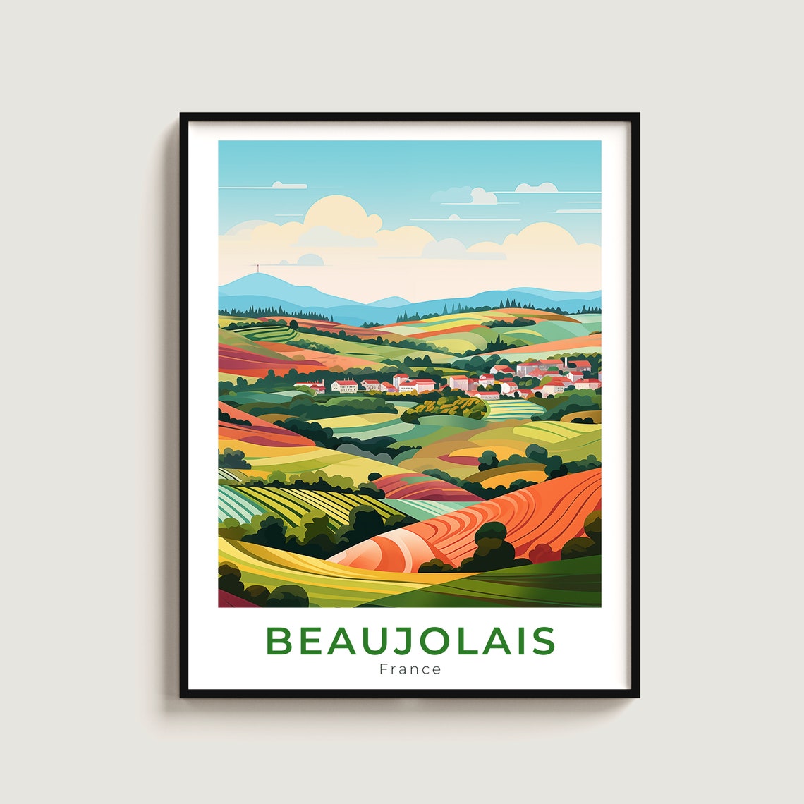 Beaujolais France Travel Poster Rolling Vineyard Hills Gift Decor