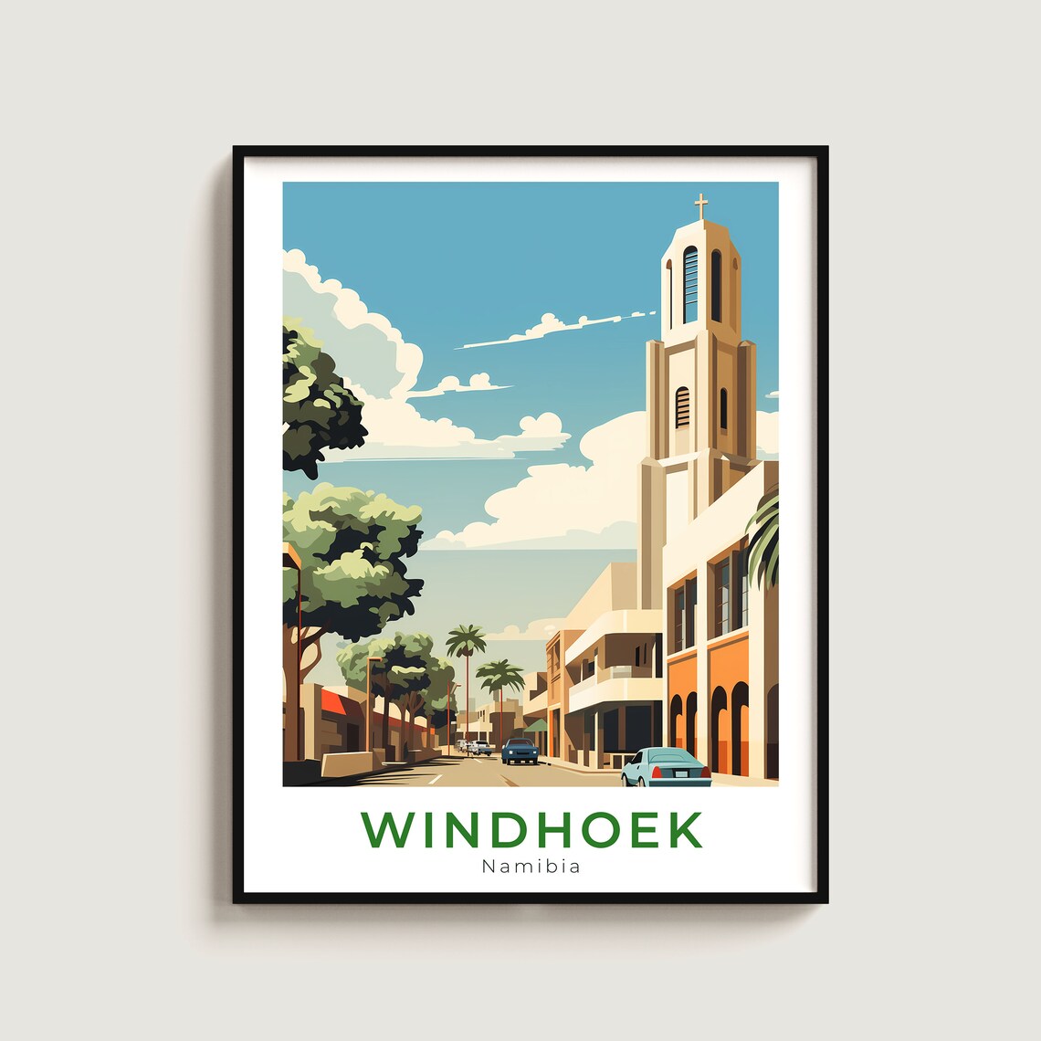 Windhoek Namibia City Street Church Tower Vintage Travel Poster