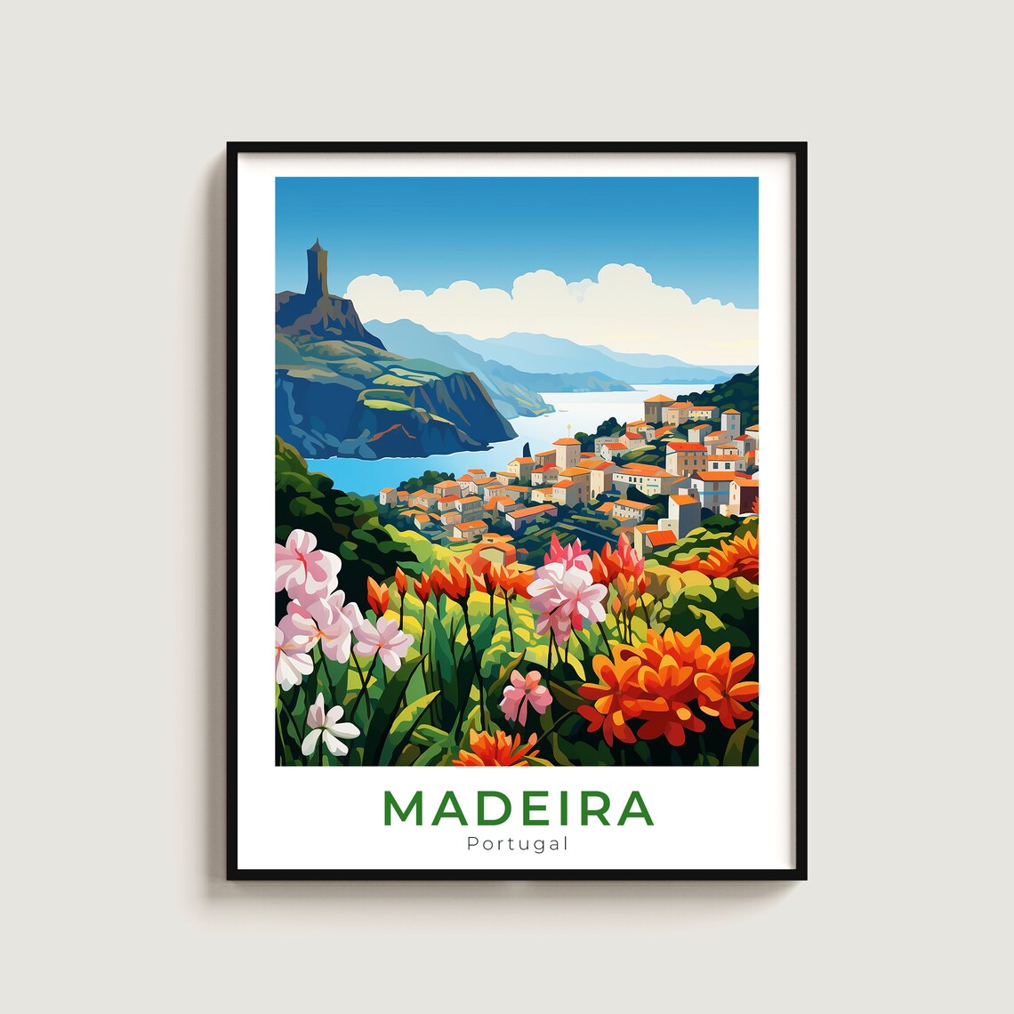 Madeira Portugal Flower Garden Coast Town Vintage Travel Poster