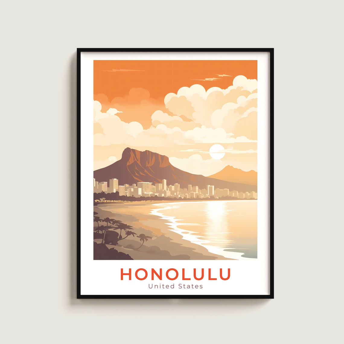 Honolulu Hawaii Diamond Head Waikiki Sunset Beach Travel Poster
