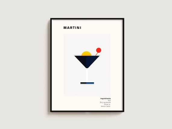 Martini Cocktail Minimalist Gin Olive Classic Recipe Art Poster