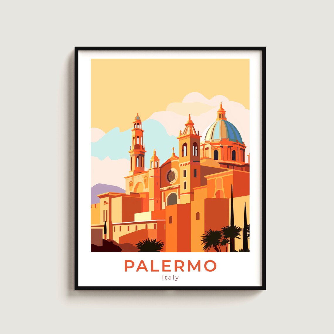 Palermo Italy Cathedral Towers Golden Light Travel Poster Art