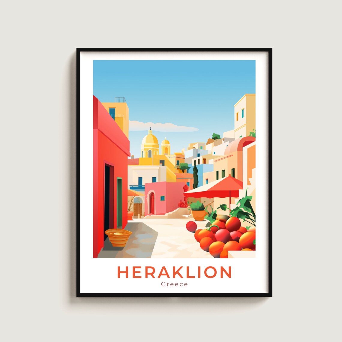 Heraklion Greece Colorful Old Street Church Domes Travel Poster