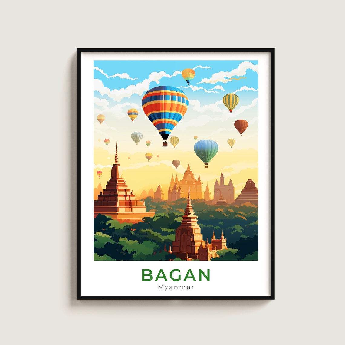 Bagan Myanmar Hot Air Balloons Ancient Temples Travel Poster