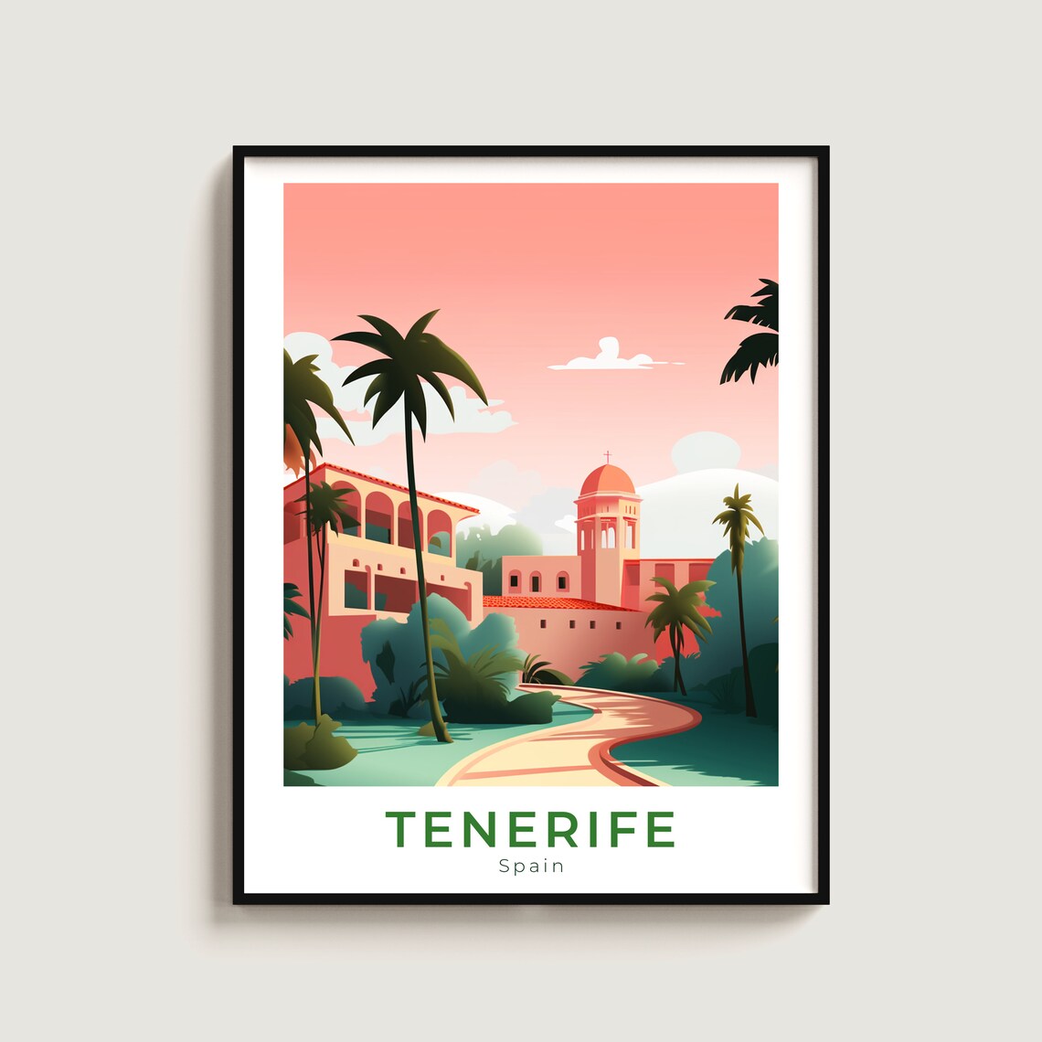 Tenerife Spain Pink Sunset Villa Palm Trees Garden Travel Poster