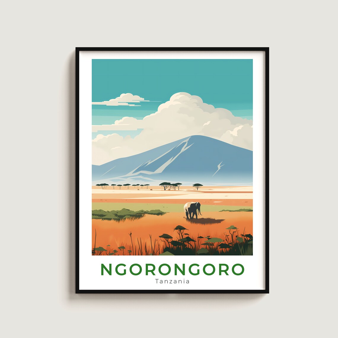 Ngorongoro Tanzania Safari Travel Poster for Elephant Art Lovers