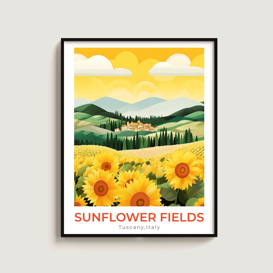 Sunflower Fields Tuscany Italy Golden Blooms Hills Travel Poster
